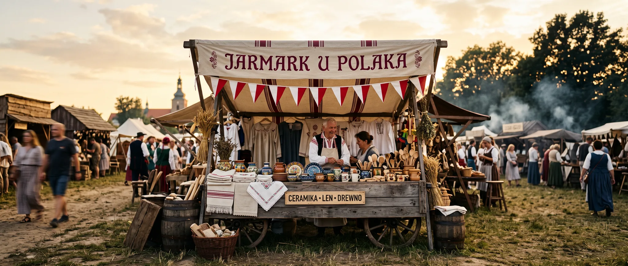 Stragan z biało-czerwoną markizą na jarmarku U Polaka