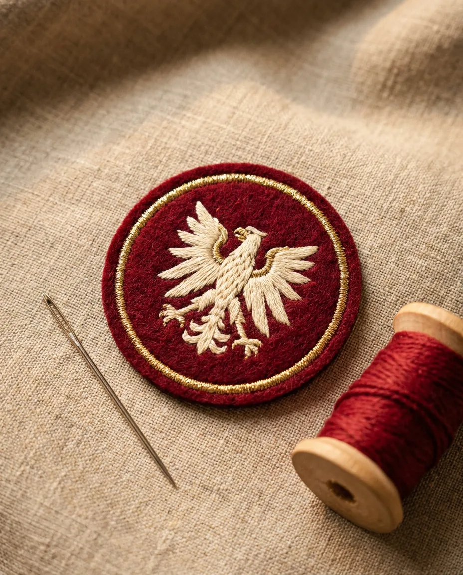 Czerwona filcowa naszywka z kremowym haftowanym orłem