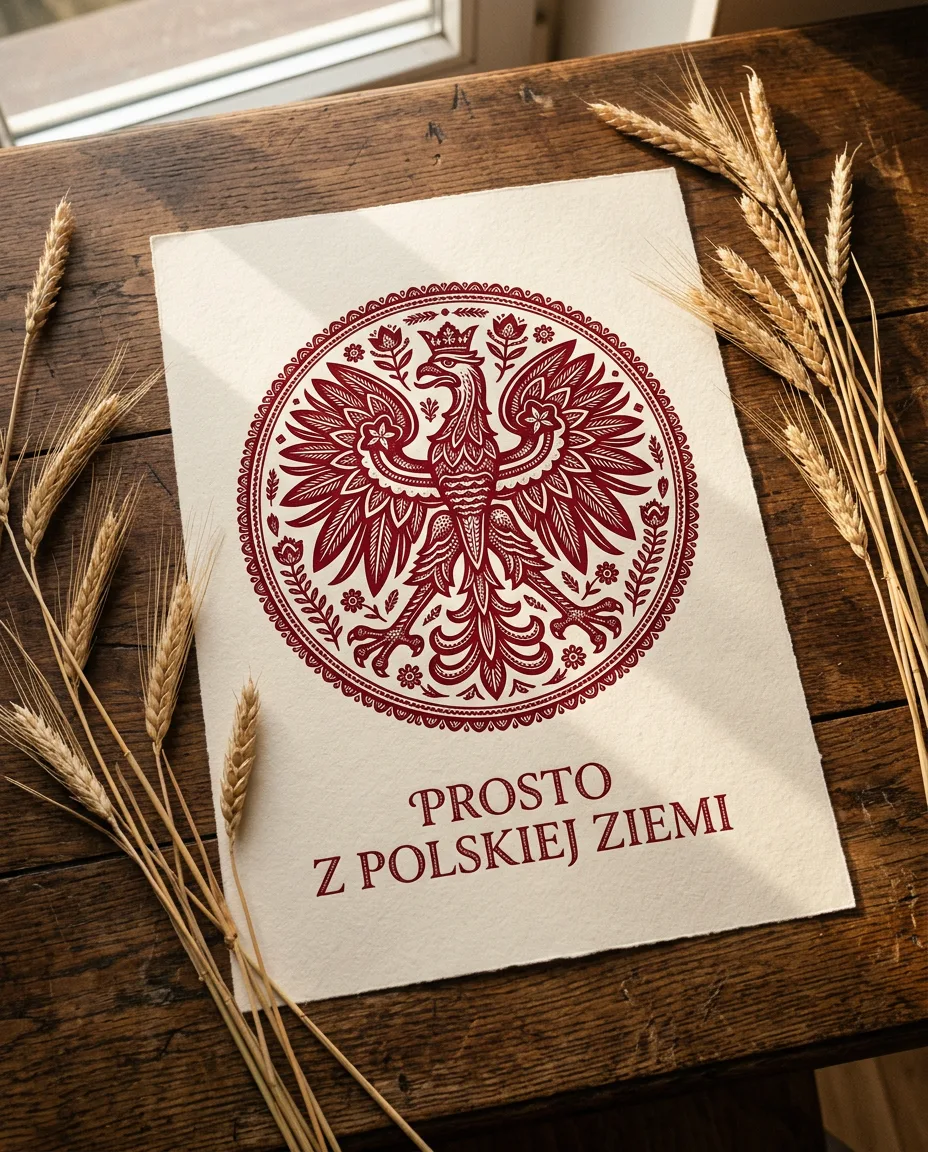 Plakat z czerwonym ludowym orłem i napisem Prosto z polskiej ziemi